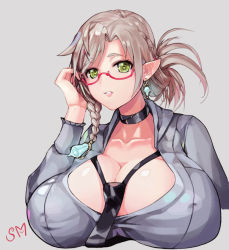 Rule 34 | 1girl, adjusting eyewear, asymmetrical bangs, asymmetrical hair, black necktie, braid, breasts, character request, choker, cleavage, collarbone, copyright request, covered erect nipples, earrings, glasses, green eyes, grey background, grey shirt, hair ornament, heart, heart-shaped pupils, huge breasts, jewelry, light brown hair, long sleeves, looking at viewer, loose necktie, necktie, no bra, parted lips, pink-framed eyewear, pink lips, pointy ears, semi-rimless eyewear, shiny skin, shirt, short eyebrows, signature, sima (startwitch), simple background, smile, solo, symbol-shaped pupils, teeth, under-rim eyewear, upper body