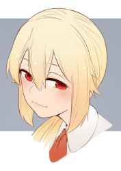 Rule 34 | 1girl, 3four, :3, blonde hair, commission, copyright request, fang, fang out, grey background, looking at viewer, necktie, orange necktie, portrait, red eyes, simple background, smile, solo