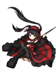 Rule 34 | 1girl, absurdres, aged down, ass, asymmetrical hair, bare shoulders, black footwear, black hair, blush, boots, child, circle skirt, clock eyes, cross-laced footwear, date a live, detached sleeves, full body, garter straps, gothic lolita, grin, gun, hairband, heterochromia, highres, holding, holding gun, holding weapon, knee boots, lace-up boots, lolita fashion, lolita hairband, long hair, looking at viewer, nepsuka (hachisuka), red eyes, roman numeral, smile, solo, symbol-shaped pupils, thighhighs, thighs, tokisaki kurumi, transparent background, twintails, weapon, yellow eyes