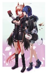 Rule 34 | 2girls, animal ears, arknights, asymmetrical gloves, bird ears, bird tail, black footwear, black gloves, black jacket, black skirt, blue hair, box, chinese commentary, closed mouth, commentary request, demon horns, demon tail, detached wings, energy wings, fallen angel, fur-trimmed hood, fur trim, gift, gift box, gloves, halo, hibioes, highres, hood, hooded jacket, horns, id card, jacket, long hair, mismatched gloves, mostima (arknights), multiple girls, open clothes, open jacket, parted lips, pastry box, red eyes, red hair, shirt, skirt, fiammetta (arknights), tail, thigh strap, white gloves, white shirt, wings