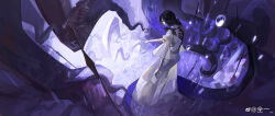 Rule 34 | 1girl, 961020401z, absurdres, arm at side, black hair, chinese commentary, colored skin, dress, highres, jewelry, light particles, long dress, medium hair, motion blur, multicolored hair, open hand, original, outstretched arm, profile, purple theme, ring, ripples, solo, standing, streaked hair, tentacles, weibo logo, weibo watermark, white dress, white skin, wide sleeves