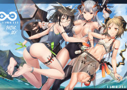 Rule 34 | 3girls, :q, absurdres, ankle strap, antenna hair, arknights, arm strap, ass, bare arms, bare legs, bare shoulders, barefoot, bikini, black choker, black hair, black legwear, blonde hair, blue sky, breasts, brown eyes, chinese commentary, choker, cloud, collarbone, commentary request, covered navel, day, detached sleeves, earrings, feather hair, feet out of frame, female focus, full body, glasses, gluteal fold, grey one-piece swimsuit, groin, gun, hair between eyes, hair bun, hand up, highres, holding, holding gun, holding weapon, holster, horns, ifrit (arknights), ifrit (sunburn) (arknights), jewelry, large breasts, letterboxed, long hair, looking at viewer, multiple girls, nail polish, navel, official alternate costume, one-piece swimsuit, orange nails, parted lips, pointy hair, red choker, red eyes, red nails, rhine lab logo, sandals, saria (arknights), sarong, see-through, see-through sleeves, shield, short hair, silence (arknights), silver hair, single hair bun, single thighhigh, sky, small breasts, smile, stomach, swimsuit, tail, thigh holster, thighhighs, thighs, toenail polish, toenails, tongue, tongue out, water, weapon, white bikini, xo (xo17800108)