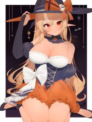 Rule 34 | 1girl, alternate hairstyle, black hat, blonde hair, blush, bodice, bow, breasts, bridal gauntlets, character hat ornament, cleavage, dark-skinned female, dark skin, detached collar, elf, elfriend (shiranui flare), frilled shirt, frills, halloween, hand on headwear, hat, hat bow, highres, hololive, hood, hood down, juliet sleeves, large breasts, long hair, long sleeves, looking at viewer, mikukana133, multicolored hair, orange skirt, parted lips, pointy ears, puffy sleeves, shiranui flare, shirt, skirt, solo, strapless, strapless shirt, streaked hair, underbust, virtual youtuber, witch, witch hat