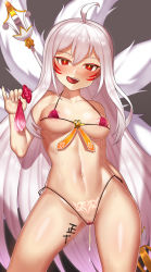 Rule 34 | 1girl, :q, ahoge, ara haan, ara han, bad id, bad pixiv id, bikini, blush, body writing, breasts, bright pupils, cleft of venus, commentary, condom, contrapposto, cum, cum in pussy, cumdrip, elsword, eun (elsword), eyeliner, facial mark, gradient background, hair ornament, hair stick, halterneck, long hair, looking at viewer, makeup, medium breasts, micro bikini, multiple tails, naughty face, navel, nt00, open mouth, pubic tattoo, red eyes, revision, sakra devanam (elsword), shiny skin, sidelocks, simple background, slit pupils, smile, solo, standing, string bikini, swimsuit, tail, tally, tattoo, tongue, tongue out, uncensored, underboob, used condom, very long hair, white hair