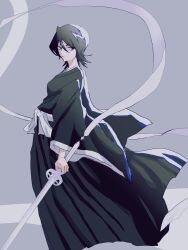 Rule 34 | 1girl, a (bokunomegane ), black eyes, black hair, black hakama, black kimono, bleach, closed mouth, commentary request, from side, grey background, hair between eyes, hakama, hakama skirt, holding, holding sword, holding weapon, japanese clothes, katana, kimono, kuchiki rukia, looking at viewer, looking to the side, simple background, skirt, solo, standing, sword, weapon