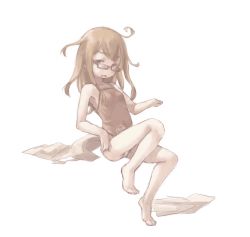 Rule 34 | 1girl, barefoot, brown hair, feet, female focus, glasses, kantai collection, messy hair, mochizuki (kancolle), nenena, no pants, open mouth, pale color, simple background, solo, toes, white background