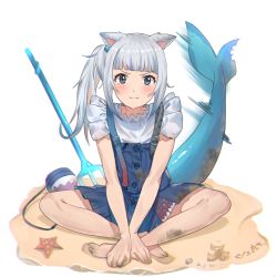 Rule 34 | 1girl, :3, animal ears, bag, bare arms, bare legs, barefoot, blue eyes, blue hair, blunt bangs, blush, cat ears, dirty, fins, fish tail, full body, gawr gura, gawr gura (casual), highres, hololive, hololive english, jeze, long hair, looking at viewer, multicolored hair, official alternate costume, polearm, sand, shark tail, side ponytail, silver hair, simple background, sitting, smile, solo, starfish, streaked hair, tail, tail wagging, trident, two-tone hair, v arms, virtual youtuber, weapon, white background