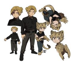Rule 34 | 2boys, animal ears, animal hands, artist name, black jacket, blonde hair, brown eyes, brown feathers, brown fur, brown hair, brown pants, brown wings, child, closed mouth, collared jacket, commentary, deviidog0, feathered wings, feathers, full body, fur-tipped tail, hair bun, highres, holding hands, jacket, lion boy, lion ears, lion tail, long sleeves, looking at viewer, lying, male focus, monster boy, multiple boys, multiple views, on side, original, pants, short hair, simple background, single hair bun, smile, sphinx, symbol-only commentary, tail, white background, wings