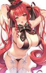 Rule 34 | 1girl, :o, armpits, arms behind head, arms up, ayamy, bare arms, bare shoulders, black bra, black hat, black panties, bow, bowtie, bra, breasts, cleavage, fang, garter belt, hair ribbon, hat, heterochromia, highres, hololive, houshou marine, large breasts, long hair, looking at viewer, navel, open mouth, panties, red eyes, red hair, ribbon, sidelocks, simple background, solo, stomach, string panties, thighhighs, thighs, top hat, twintails, underwear, underwear only, very long hair, virtual youtuber, white background, white thighhighs, yellow eyes