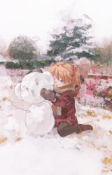 Rule 34 | 1girl, aged down, artist name, blue eyes, brown footwear, christmas, dark sofa, full body, gloves, hair bobbles, hair ornament, highres, japanese macaque, monkey, neon genesis evangelion, open mouth, pine tree, scar, sitting, snow, snowman, solo, souryuu asuka langley, tree, twintails, twitter username, winter clothes