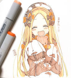 Rule 34 | 1girl, :d, ^ ^, abigail williams (fate), art tools in frame, black bow, blonde hair, blush, bow, brown dress, brown hat, closed eyes, dress, facing viewer, fate/grand order, fate (series), forehead, hair bow, hat, highres, hugging object, long hair, long sleeves, open mouth, orange bow, parted bangs, photo (medium), sleeves past fingers, sleeves past wrists, smile, sofra, solo, stuffed animal, stuffed toy, teddy bear, traditional media, translation request, upper body, very long hair