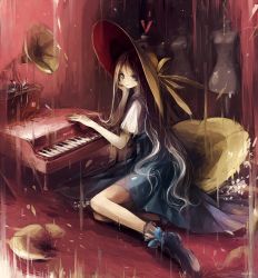 Rule 34 | 1girl, asahiro (algl), bad id, bad pixiv id, blue eyes, dress, dress form, hand on own cheek, hand on own face, hat, hat ribbon, instrument, long hair, looking at viewer, original, phonograph, piano, ribbon, sitting, smile, solo, sun hat, white hair