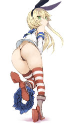 Rule 34 | 1girl, alternate eye color, ass, black panties, blonde hair, commentary request, elbow gloves, from behind, full body, gloves, goekawa, green eyes, hair between eyes, hair ribbon, highleg, highleg panties, highres, kantai collection, leaning forward, long hair, looking at viewer, looking back, panties, pleated skirt, ribbon, rudder footwear, shimakaze (kancolle), simple background, skirt, skirt around one leg, solo, standing, standing on one leg, string panties, striped clothes, striped thighhighs, thighhighs, thong, underwear, white background, white gloves