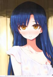 Rule 34 | 1girl, absurdres, asterisk (asterism), blue hair, blush, breasts, brown eyes, closed mouth, collarbone, hair between eyes, highres, idolmaster, idolmaster (classic), kisaragi chihaya, long hair, looking at viewer, nipples, off shoulder, page number, scan, see-through, shirt, small breasts, smile, solo, straight hair, upper body, very long hair, wet, wet clothes, wet hair, wet shirt