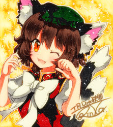 Rule 34 | 1girl, ;d, animal ear fluff, animal ears, bad id, bad pixiv id, bow, bowtie, brown eyes, brown hair, cat ears, cat tail, chen, dress, earrings, fang, fingernails, green hat, hair between eyes, hat, jewelry, long sleeves, looking at viewer, mob cap, multiple tails, one eye closed, open mouth, paw pose, qqqrinkappp, red dress, shadow, sharp fingernails, shikishi, shirt, short hair, signature, single earring, smile, solo, tail, tongue, touhou, traditional media, two tails, upper body, white bow, white bowtie, white shirt, yellow background