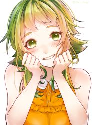 Rule 34 | 1girl, bare shoulders, blush, clenched hands, collar, commentary, frilled shirt, frills, green eyes, green hair, gumi, hands on own cheeks, hands on own face, head rest, highres, looking at viewer, mai mugi, open mouth, orange shirt, shirt, short hair with long locks, shoulder blush, sidelocks, simple background, sleeveless, sleeveless shirt, smile, solo, talking, twitter username, upper body, vocaloid, white background, white collar