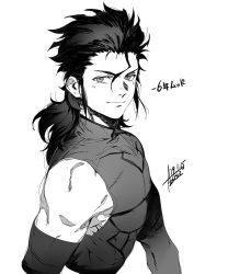 Rule 34 | 1boy, alternate costume, alternate hairstyle, artist name, azusa (hws), black hair, closed mouth, detached sleeves, diarmuid ua duibhne (saber) (fate), fate/grand order, fate/zero, fate (series), greyscale, hair between eyes, diarmuid ua duibhne (lancer) (fate), long hair, looking at viewer, male focus, mole, mole under eye, monochrome, sketch, smile, solo, toned, toned male, upper body, white background, aged down