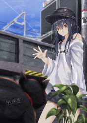 Rule 34 | absurdres, animal, araishi maro, artist name, bad id, bad pixiv id, black cat, black hair, black headwear, black shorts, blush, bridge, cat, closed mouth, clothes writing, commentary request, day, fur-trimmed shorts, fur trim, hat ornament, highres, leaf, long hair, long sleeves, looking down, off-shoulder shirt, off shoulder, original, outdoors, plant, red eyes, revision, shirt, shorts, signature, smile, star (symbol), star hat ornament, waving, white shirt