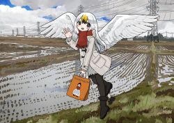 Rule 34 | 1girl, bag, bird, black footwear, blue sky, boots, check copyright, cloud, cloudy sky, copyright request, feathered wings, feathers, flying, grass, grey skirt, hand up, highres, holding, holding bag, long sleeves, original, outdoors, personification, pleated skirt, red scarf, reflection, scarf, skirt, sky, solo, swan, white feathers, white wings, wings, zinbei