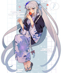 Rule 34 | !, 1girl, :t, absurdly long hair, alternate costume, blue background, blue bow, blue flower, blue nails, bow, braid, candy apple, eating, egasumi, fate/grand order, fate (series), floral print, flower, food, full body, grey eyes, grey hair, grid background, hair bow, hair flower, hair ornament, hair ribbon, highres, holding, holding food, invisible chair, japanese clothes, kimono, legs together, long hair, long sleeves, looking at food, morgan le fay (fate), morgan le fay (fgo fes. 2023) (fate), multicolored background, obi, obidome, pink flower, ponytail, print kimono, purple kimono, red ribbon, ribbon, sandals, sash, simple background, sitting, solo, spoken exclamation mark, uxco0, very long hair, white background, wide sleeves, yukata, zouri