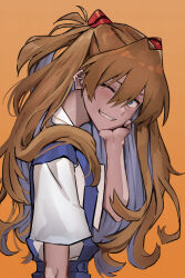 Rule 34 | arm at side, blue skirt, blush, collared shirt, commentary, dress shirt, from side, gradient background, grin, hair between eyes, hand on own face, highres, interface headset, long hair, looking at viewer, looking to the side, neon genesis evangelion, one eye closed, orange background, parted lips, rebuild of evangelion, red hair, school uniform, shirt, short sleeves, skirt, smile, souryuu asuka langley, standing, suspender skirt, suspenders, tokyo-3 middle school uniform, two side up, very long hair, white shirt, yagisawa teru