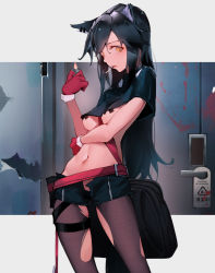 Rule 34 | 1girl, animal ear fluff, animal ears, arknights, arm across waist, bag, belt, black capelet, black hair, black shorts, blood, breasts, brown pantyhose, capelet, cigarette, door, ear piercing, eyyy, fire, fire, gloves, highres, holding, lighter, long hair, looking at viewer, medium breasts, mouth hold, navel, no bra, open clothes, open shorts, outside border, pantyhose, pasties, piercing, red gloves, short shorts, shorts, skindentation, smoke, smoking, solo, stomach, texas (arknights), torn clothes, torn pantyhose, underboob, very long hair, wolf ears, yellow eyes