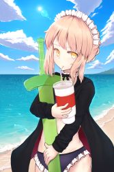 Rule 34 | 1girl, absurdres, artoria pendragon (alter swimsuit rider) (fate), artoria pendragon (alter swimsuit rider) (second ascension) (fate), artoria pendragon (fate), beach, bikini, black jacket, black ribbon, blonde hair, breasts, cloud, commentary request, day, drinking, drinking straw, fate/grand order, fate (series), greypidjun, highres, holding, huge filesize, jacket, looking at viewer, maid headdress, navel, outdoors, purple bikini, red jacket, ribbon, solo, swimsuit, sword, weapon, yellow eyes