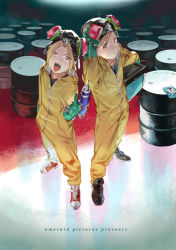 Rule 34 | 2boys, alphonse elric, barrel, black footwear, blonde hair, box, breaking bad, brothers, closed mouth, collarbone, edward elric, emmmerald, english text, eyewear on head, full body, fullmetal alchemist, glasses, gloves, goggles, green gloves, holding, holding box, long hair, long sleeves, looking at viewer, male focus, middle finger, multiple boys, open mouth, overalls, parted bangs, rubber gloves, shoes, siblings, sneakers, standing, teeth, tongue, upper teeth only, yellow eyes, yellow overalls, zipper