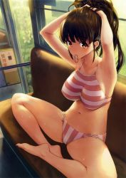 Rule 34 | 1girl, absurdres, adjusting hair, armpits, arms behind head, arms up, bare arms, bare legs, bare shoulders, barefoot, bikini, blunt bangs, blush, breasts, breasts apart, brown eyes, brown hair, collarbone, cropped, day, feet, feet on chair, groin, hands in hair, highres, indian style, indoors, knees apart feet together, large breasts, long hair, long toenails, looking at viewer, medium breasts, mole, mole under mouth, morimiya masayuki, mouth hold, navel, non-web source, original, ponytail, scan, side-tie bikini bottom, sitting, solo, striped bikini, striped clothes, sweat, swimsuit, toenails, toranoana, train interior, tying hair, vertical-striped bikini, vertical-striped clothes