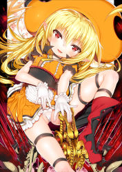 Rule 34 | 1girl, apron, black footwear, blonde hair, blush, boots, breasts, char, commentary request, fang, gloves, hair between eyes, hat, highres, japanese clothes, kimono, long hair, looking at viewer, open mouth, orange hat, orange kimono, orange skirt, original, panties, parted lips, pleated skirt, pointy ears, red eyes, revision, short kimono, skirt, small breasts, smile, solo, spread legs, thigh strap, thighs, underwear, waist apron, white apron, white gloves, white panties