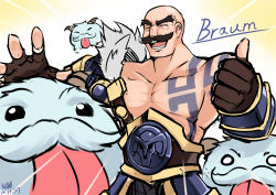 Rule 34 | 1boy, :d, :p, bald, braum (league of legends), brown gloves, character name, facial hair, fingerless gloves, gloves, horns, league of legends, mustache, nam (valckiry), open mouth, poro (league of legends), shiny skin, smile, tattoo, teeth, thumbs up, tongue, tongue out