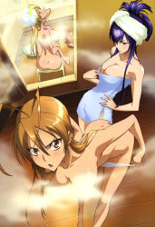 Rule 34 | &gt;:o, 3girls, :o, absurdres, alternate hairstyle, angry, antenna hair, ass, back, barefoot, bath stool, bathing, bathroom, bathtub, bent over, blonde hair, blue eyes, blue hair, blush, bottle, bowl, breasts, brown eyes, brown hair, bubble, busujima saeko, censored, cleavage, convenient censoring, dimples of venus, folded ponytail, from above, hair between eyes, hair up, hand on own head, hand on own hip, hanging breasts, head tilt, highres, highschool of the dead, huge breasts, indoors, large breasts, long hair, looking at viewer, looking back, looking down, marikawa shizuka, miyamoto rei, multiple girls, naked towel, nude, nyantype, official art, open door, open mouth, panties, panty pull, purple hair, scan, shampoo, side slit, sitting, soap, standing, steam, steam censor, stool, tile floor, tiles, topless, towel, towel on head, underwear, underwear only, undressing, v-shaped eyebrows, washbowl, white panties, white towel, wooden floor, yellow eyes