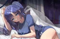 Rule 34 | 1girl, absurdres, ass, bed, bed sheet, black shirt, blue archive, blue buruma, blurry, buruma, commentary request, depth of field, facial tattoo, gym shirt, gym uniform, half updo, halo, highres, id card, indoors, lanyard, long hair, looking at viewer, lying, official alternate costume, official alternate hairstyle, on stomach, parted bangs, purple eyes, purple hair, sakanafish, shirt, short sleeves, sidelocks, smile, solo, star tattoo, tattoo, yuuka (blue archive), yuuka (track) (blue archive)