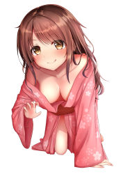 Rule 34 | 1girl, :q, absurdres, all fours, arm support, bare shoulders, blush, breasts, brown eyes, brown hair, claw pose, cleavage, collarbone, downblouse, floral print, full body, hair intakes, hand up, hanging breasts, heart, heart-shaped pupils, highres, idolmaster, idolmaster cinderella girls, japanese clothes, kimono, kneeling, leaning forward, long hair, long sleeves, looking at viewer, medium breasts, monaka curl, no bra, parted bangs, pink kimono, shimamura uzuki, sidelocks, simple background, solo, symbol-shaped pupils, thighs, tongue, tongue out, white background, wide sleeves, yukata