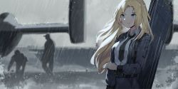 Rule 34 | 1girl, absurdres, aircraft, airplane, artist name, belt, black belt, black jacket, black neckwear, black skirt, blonde hair, blue eyes, blurry, blurry background, breasts, collared shirt, commentary, depth of field, flight deck, gar32, highres, hornet (kancolle), huge filesize, jacket, kantai collection, long hair, long sleeves, looking away, necktie, open clothes, open jacket, outdoors, overcast, parted bangs, rain, shirt, signature, skirt, sky, small breasts, solo focus, very long hair, white shirt