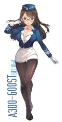 Rule 34 | 1girl, absurdres, adcd, adjusting hair, black pantyhose, breasts, brown eyes, brown hair, collarbone, cropped jacket, eyebrows, flight attendant, full body, glasses, gloves, hat, highres, large breasts, long hair, looking at viewer, miniskirt, open mouth, original, pantyhose, simple background, skirt, slippers, solo, standing, text focus, thigh gap, travel attendant, white background, white gloves