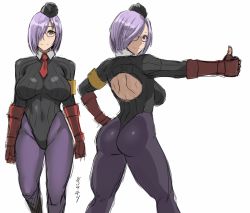 Rule 34 | 1girl, aged up, ass, breasts, cosplay, fate/grand order, fate (series), garrison cap, glasses, gloves, hair over one eye, hat, large breasts, leotard, looking at viewer, mash kyrielight, multiple views, necktie, pantyhose, purple eyes, purple hair, shadaloo dolls, shibusun, short hair, simple background, sketch, smile, street fighter, thumbs up, white background