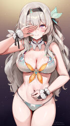 1girl absurdres bare_shoulders bikini black_hairband black_ribbon breasts cleavage commentary cowboy_shot firefly_(honkai:_star_rail) foxyreine grey_hair hair_ornament hair_ribbon hairband hand_up highres honkai:_star_rail honkai_(series) large_breasts long_hair looking_at_viewer navel purple_eyes ribbon smile solo standing stomach swimsuit thighs very_long_hair wrist_cuffs