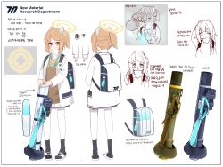 1girl absurdres ansan_ey blue_archive blue_eyes coat gun halo highres holding holding_gun holding_weapon korean_text lab_coat looking_at_viewer looking_back medium_hair orange_hair original ponytail school_uniform simple_background sketch translation_request weapon white_background white_coat