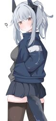 Rule 34 | 1girl, ?, absurdres, arknights, black horns, black skirt, black sweater, black tail, blue jacket, blush, brown thighhighs, cowboy shot, dragon girl, dragon horns, dragon tail, expressionless, eyes visible through hair, from behind, grey hair, hand in pocket, highres, horns, jacket, liskarm (arknights), long sleeves, looking at viewer, medium hair, miniskirt, nui (nuinui0300), open clothes, open jacket, parted lips, pink eyes, pleated skirt, ponytail, simple background, skindentation, skirt, solo, standing, sweater, tail, thighhighs, turning head, white background
