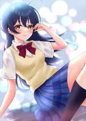 Rule 34 | 1girl, absurdres, artist name, artist request, bare legs, black legwear, blue hair, blue skirt, blush, bow, bowtie, breasts, brown eyes, checkered clothes, checkered skirt, collared shirt, female focus, floating hair, hair between eyes, highres, long hair, looking at viewer, love live!, love live! school idol project, miniskirt, otonokizaka school uniform, parted lips, plaid, plaid skirt, pleated, pleated skirt, red bow, school uniform, shirt, short sleeves, sitting, skirt, small breasts, smile, solo, sonoda umi, striped, striped bow, sweater vest, vest, wavy hair, white shirt, wing collar, yellow eyes, yellow vest