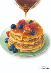 Rule 34 | absurdres, artworksmil, blueberry, food, fruit, highres, maple syrup, original, painting (medium), pancake, pancake stack, plate, raspberry, realistic, signature, traditional media