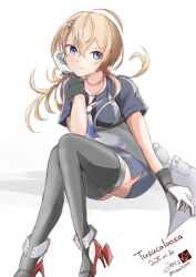 1girl ahoge black_footwear blonde_hair blue_eyes blue_necktie blue_shirt boots character_name commentary dated gloves high_heel_boots high_heels kantai_collection long_hair looking_at_viewer medium_hair michaelsch55 necktie shirt signature simple_background sitting smile solo thigh_boots tuscaloosa_(kancolle) twitter_username two-tone_gloves white_background white_gloves