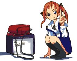 Rule 34 | amplifier, backpack, bag, blue eyes, child, orange hair, randoseru, shimura nobuo, socks, solo, squatting, twintails, v