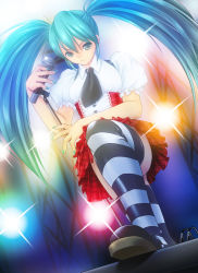Rule 34 | 1girl, aqua eyes, aqua hair, bad id, bad pixiv id, female focus, gradient background, hatsune miku, highres, latex, long hair, microphone, microphone stand, necktie, nerisu, skirt, solo, striped clothes, striped thighhighs, thighhighs, twintails, vocaloid