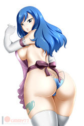 Rule 34 | 1girl, apron, ass, blue hair, blush, bow, breasts, butt crack, fairy tail, highres, juvia lockser, kimmy77, large breasts, long hair, nearly naked apron, panties, sideboob, skindentation, solo, tattoo, thighhighs, underwear