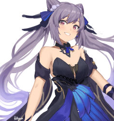 Rule 34 | 1girl, bare shoulders, black bow, black dress, blue dress, blush, bow, breasts, cleavage, detached collar, double bun, dress, fikkyun, genshin impact, hair bun, hair ornament, happy, highres, keqing (genshin impact), keqing (opulent splendor) (genshin impact), looking at viewer, multicolored clothes, multicolored dress, simple background, sleeveless, sleeveless dress, smile, solo, teeth, twintails, white background