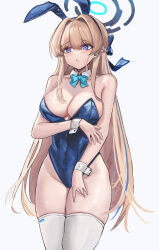 Rule 34 | 1girl, absurdres, alternate breast size, animal ears, averting eyes, bare shoulders, blonde hair, blue archive, blue bow, blue eyes, blue hairband, blue halo, blue leotard, bow, bowtie, braid, breasts, cowboy shot, detached collar, fake animal ears, groin, hairband, halo, highleg, highleg leotard, highres, large breasts, leotard, long hair, multicolored hair, official alternate costume, official alternate hairstyle, parted lips, playboy bunny, rabbit ears, simple background, skindentation, solo, streaked hair, thighhighs, thighs, toki (blue archive), toki (bunny) (blue archive), very long hair, white background, white thighhighs, wrist cuffs, yuanqi (chriu)