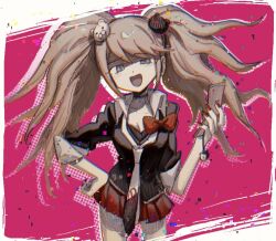 Rule 34 | 1girl, bbbbbaasos, bear hair ornament, bow, breasts, brown hair, cellphone, cellphone charm, charm (object), cleavage, collared shirt, danganronpa: trigger happy havoc, danganronpa (series), enoshima junko, flip phone, glitch, grey eyes, hair ornament, hand on own hip, holding, holding phone, long hair, looking at viewer, miniskirt, open mouth, phone, pleated skirt, red bow, red nails, red skirt, shirt, simple background, skirt, solo, twintails, white shirt