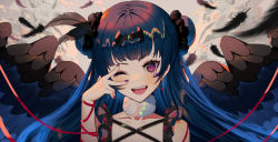 Rule 34 | 1girl, blue hair, blunt bangs, choker, double bun, earrings, feathered wings, feathers, hair bun, hair ornament, highres, hk (hk), jewelry, long hair, looking at viewer, love live!, love live! sunshine!!, open mouth, purple eyes, solo, tsushima yoshiko, upper body, wings